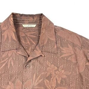 Tommy Bahama Mens Large Brown 100% Silk Floral Jacquard Short Sleeve Camp Shirt